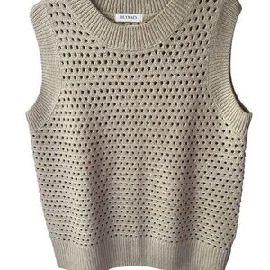 Cream Crew Neck Open-Knit Sweater by LILY MAES Size Small